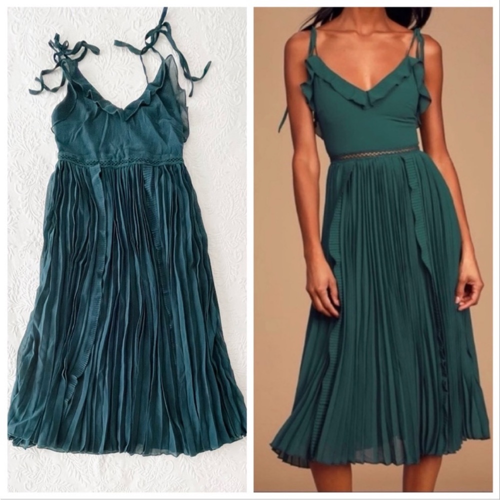 Teal Ruffled Midi Dress with Pleated Skirt